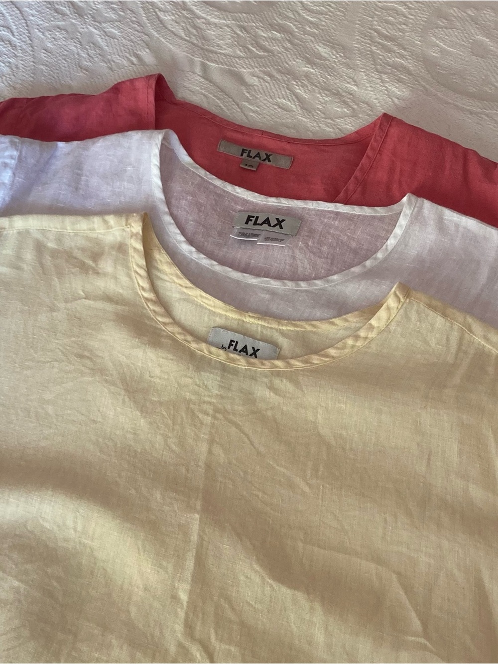 3 Flax Linen Tops in Coral, White & Pale Yellow
